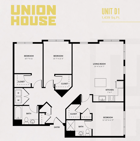 Floor plan for 3 beds, 2 baths, 1439 sqft
